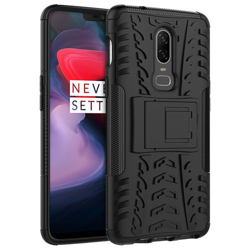 Dual Layer Rugged Tough Shockproof Case & Stand for OnePlus 6 - Black